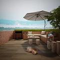 Garden Landscape Featuring Wooden Deck Umbrella Sofa Stools Brick Wall And Lake View With Dog