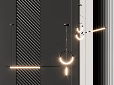 Modern Geometric Chandeliers With Circular Rings And Linear Bars In Illuminated Interior 3d model
