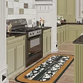 Green Kitchen Interior With Black Countertops Gas Stove Cabinets And Floral Rug