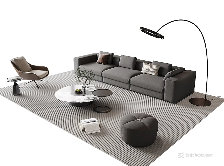 Modern Living Room Interior With Gray Sofa Round Coffee Table Floor Lamp And Ottoman 3d model 