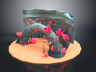 3D Cave Scene With Rock Structure Pink Coral Elements And Orange Base 3d model