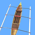 Yellow Wooden Boat With Red Straps And White Outriggers Against Blue Background Featuring N25 Marking