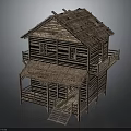 Traditional Two Story Wooden House With Thatched Roof And Balcony Staircase
