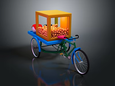 Colorful Tricycle Fruit Cart With Yellow Open Box Filled With Orange Fruits 3d model