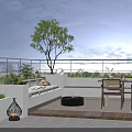 Roof Garden With Large Tree Green Plants White Bench Black Fire Pit And Wooden Furniture