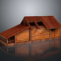 Wooden Cabin Exterior Architecture With Red Tiled Roof And Sloped Design