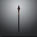 Ornate Red and Gold Staff Weapon with Spiral Pattern and Decorative Top Shaft