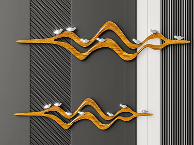 Modern Elegant Wooden Wall Decor with Wavy Design and Small Bird Ornaments 3d model