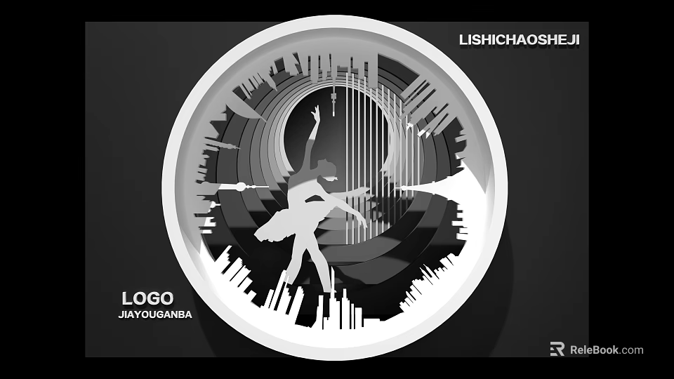 Elegant Round Clock Design With Ballet Dancer Silhouette And Cityscape In Black White Gray 3d model 