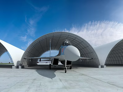 Airport Hangar With Fighter Jet Parked Under Arched Roof Against Blue Sky And White Clouds 3d model