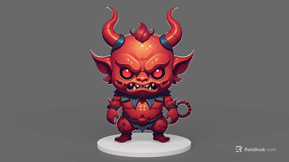 Chibi Red Demon Game Character with Horns Pointed Ears Tail and Fierce Expression 3d model 