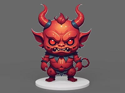 Chibi Red Demon Game Character with Horns Pointed Ears Tail and Fierce Expression 3d model