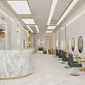 Luxurious Beauty Hair Salon Interior with Marble Reception Counter Gold Accents Mirrors and Styling Chairs