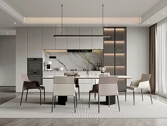 Modern Restaurant Dining Table and Chair Wine Cabinet Chandelier 3d model