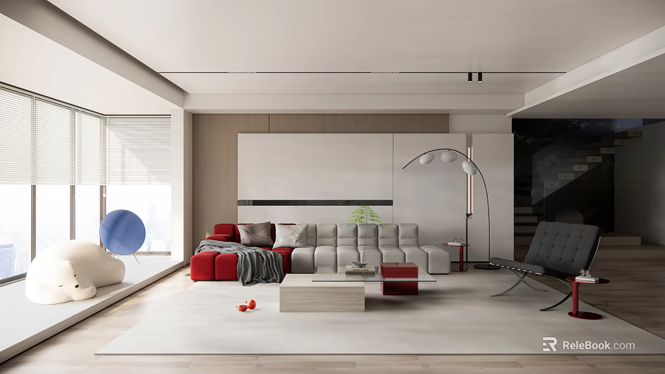 Modern Living Room Interior Design With Red And Gray Sofa Large Window And Floor Lamp 3d model 