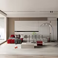 Modern Living Room Interior Design With Red And Gray Sofa Large Window And Floor Lamp