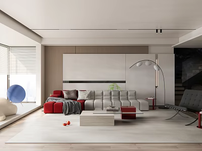 Modern Living Room Interior Design With Red And Gray Sofa Large Window And Floor Lamp 3d model