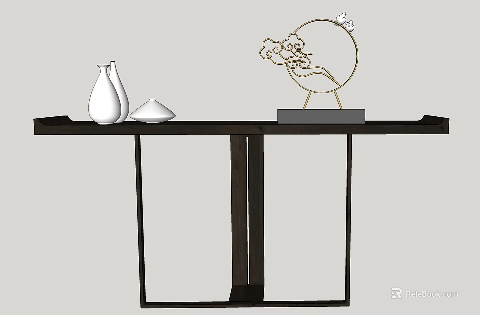 Modern Console Table Featuring White Vase Bowl and Cloud Bird Decorative Ornament 3d model