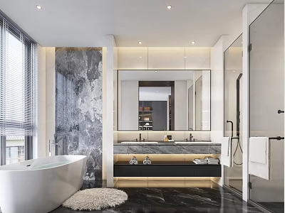 Elegant Modern Bathroom Interior With Freestanding Bathtub Double Vanity Marble Wall And Black Floor Tiles 3d model