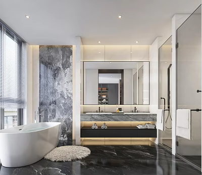 Elegant Modern Bathroom Interior With Freestanding Bathtub Double Vanity Marble Wall And Black Floor Tiles 3d model