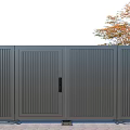 Dark Gray Metal Gate With Vertical Slats And Autumn Tree In Yard