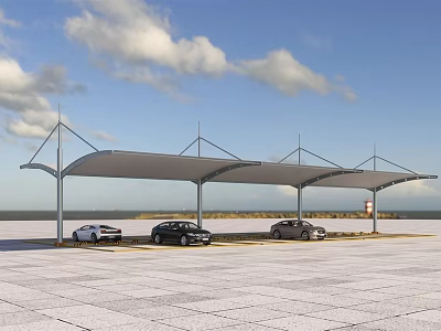 Outdoor Parking Lot Shade Canopy with Metal Frame Covering Cars Under Blue Sky 3d model