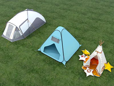 Three Different Tents Including Camping Blue And Kids Teepee With Star Decor On Grass Field 3d model