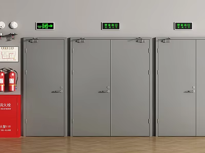 Gray Fire Doors With Red Fire Extinguisher Cabinet And Green Indicator Lights On Wall 3d model