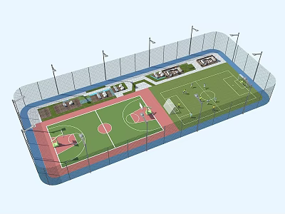 Green Turf Outdoor Football Field with Basketball Courts Fence and Lighting Poles 3d model