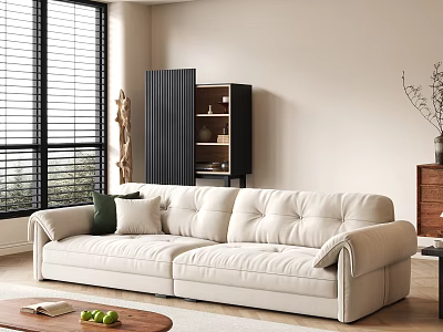 White Leather Double Sofa in Modern Living Room with Window Side Bookshelf and Throw Pillows 3d model