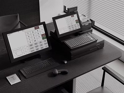 Commercial Equipment Setup Featuring Cash Register Systems Computer Monitors And Keyboards On Office Desk 3d model