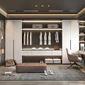 Modern Walk-in Closet Interior With Hanging Garments Storage Cabinets And Seating Bench