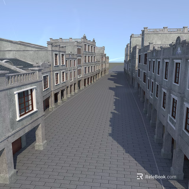 Historic Commercial Street With Rows Of Old Style Buildings And Stone Paved Road 3d model 