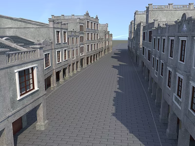 Historic Commercial Street With Rows Of Old Style Buildings And Stone Paved Road 3d model