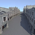 Historic Commercial Street With Rows Of Old Style Buildings And Stone Paved Road