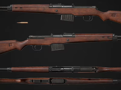 Vintage Rifles with Wooden Stocks Displayed in Multiple Angles and a Single Bullet 3d model