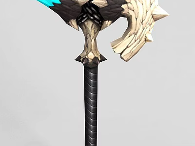 Tech Exhibition Hall Showcasing Futuristic Axe Shaped Weapon With Blue White Design And Black Handle 3d model