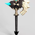 Tech Exhibition Hall Showcasing Futuristic Axe Shaped Weapon With Blue White Design And Black Handle