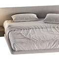Modern Double Bed With Soft Linen Sheets Fabric Headboard And Wooden Nightstand