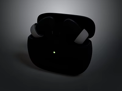 Wireless Computer Headphones in Black with Charging Case and Green Indicator Light 3d model