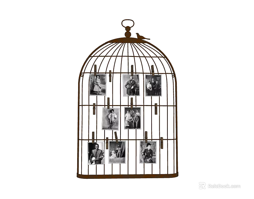 Birdcage Shaped Photo Wall Decorated with Clips and Black and White 3d model 