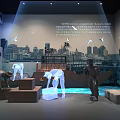 Exhibition Scene Of Harbor Workers Sculptures With City Skyline Seagulls And Projection