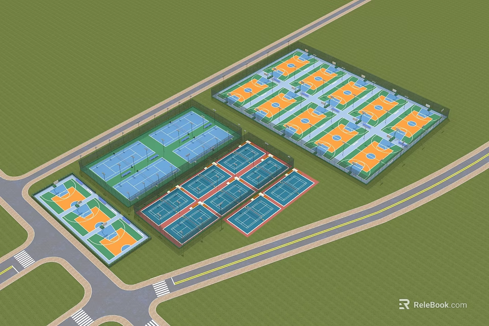 Aerial View Of Multiple Tennis Courts With Green Surroundings And Pathways 3d model 
