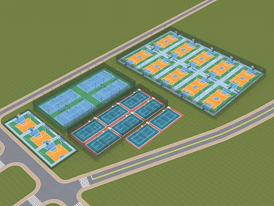 Aerial View Of Multiple Tennis Courts With Green Surroundings And Pathways 3d model