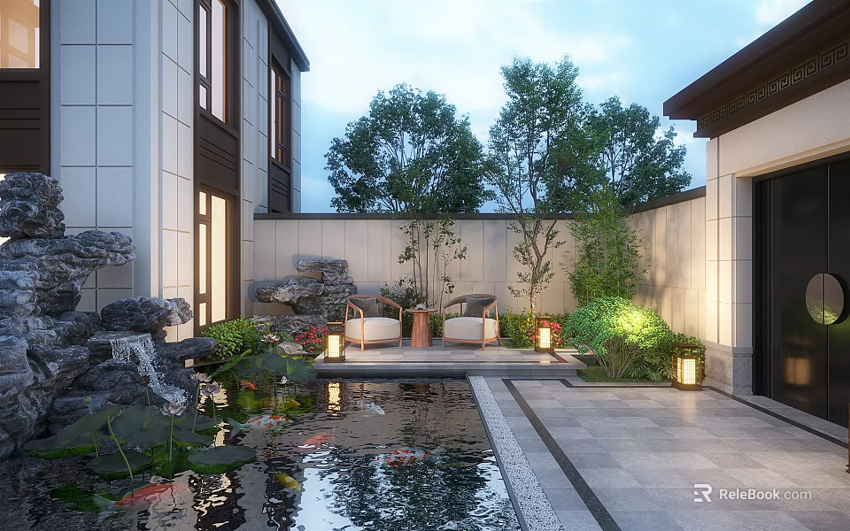Tranquil Courtyard Garden Design With Pond Water Lilies Koi Fish Decorative Rocks And Ambient Lighting 3d model 