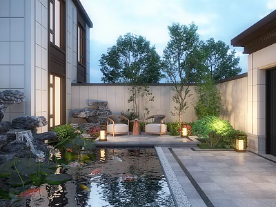 Tranquil Courtyard Garden Design With Pond Water Lilies Koi Fish Decorative Rocks And Ambient Lighting 3d model