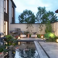 Tranquil Courtyard Garden Design With Pond Water Lilies Koi Fish Decorative Rocks And Ambient Lighting