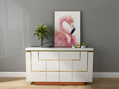 White Console Table Sideboard with Gold Trim Green Plant Pink Flamingo Art Decorative Items in Bright Room with Grey Wall 3d model