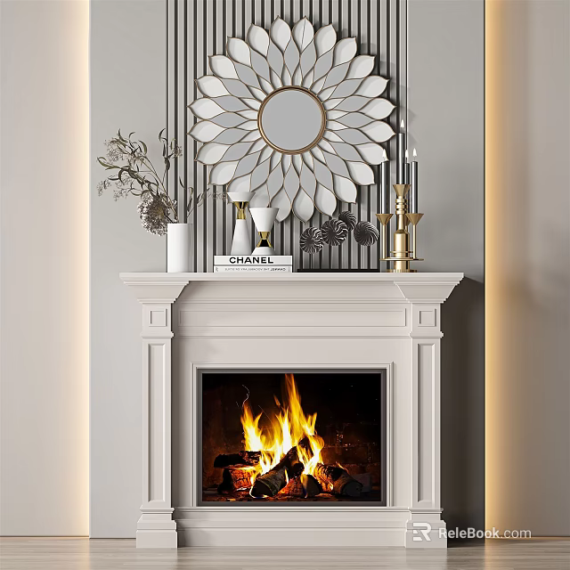 White Fireplace with Burning Fire Decorative Sunburst Mirror and Ornaments 3d model 