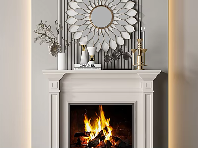 White Fireplace with Burning Fire Decorative Sunburst Mirror and Ornaments 3d model